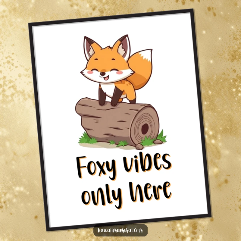 Funny fox digital art print of a joyous character leaping over a log, bringing energetic and playful vibes digitally.