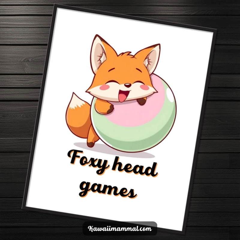 Funny digital art print of a smiling fox character enthusiastically head-butting a large inflatable ball, full of playful energy.