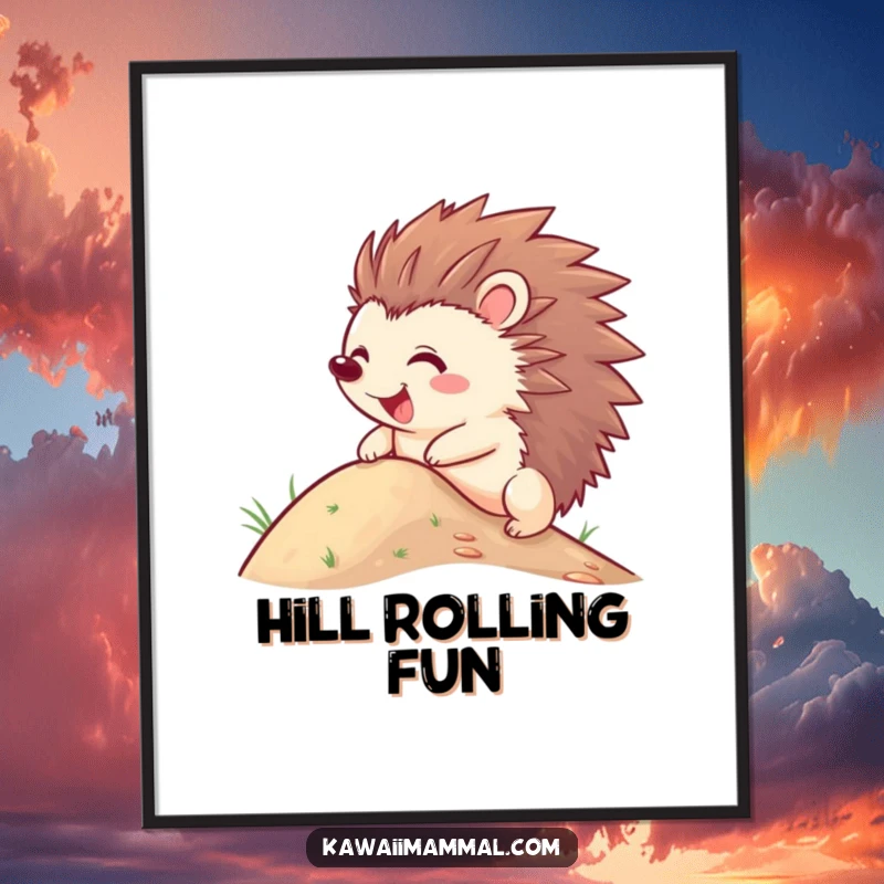 Funny Hedgehog Digital Art Print showing a joyful character with quills out, hilariously trying to roll down a hill, capturing pure, unadulterated fun.