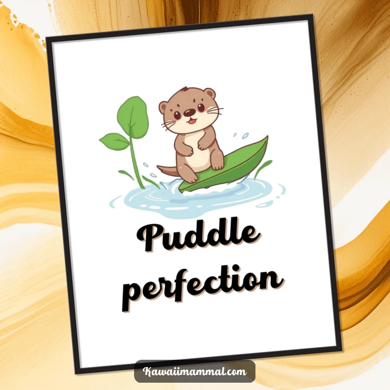 Funny Kawaii Otter Surf Digital Art: A cute otter humorously surfs a giant leaf in a puddle, perfect for instant, funny wall décor.
