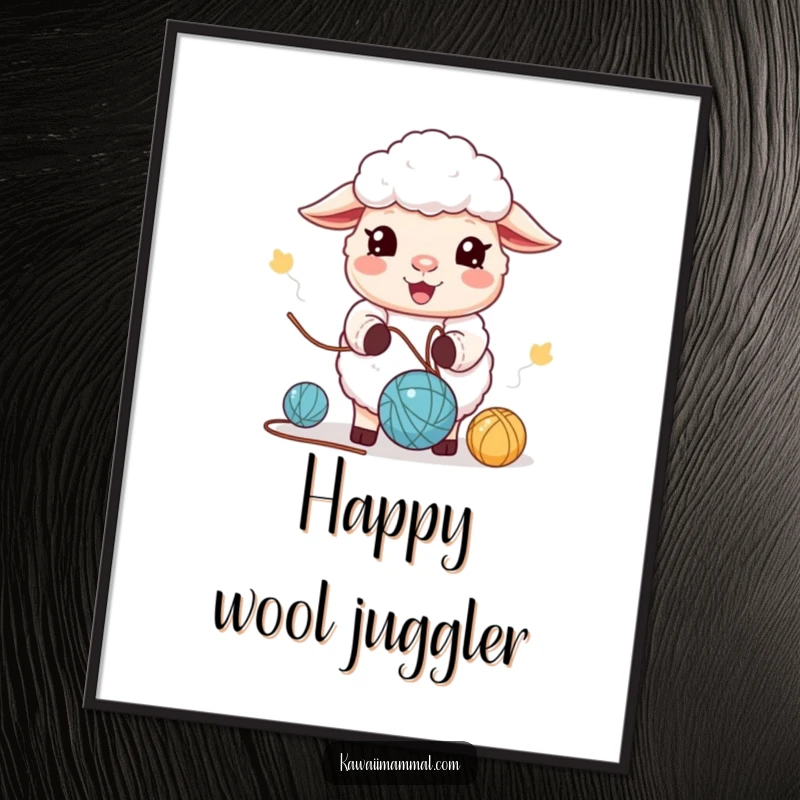 Funny Digital Art Print: A cute kawaii sheep happily juggling yarn balls. Adorable, charming, and humorous digital decor.