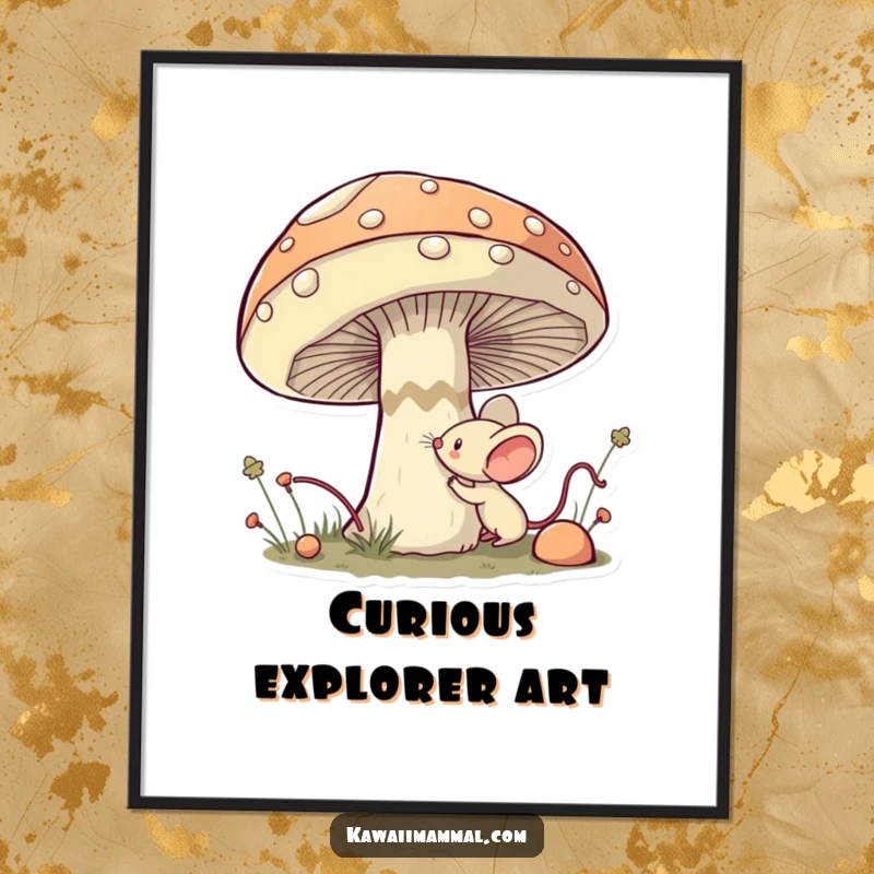 Funny Mouse Digital Art: High-resolution kawaii mouse bravely exploring a giant mushroom, perfect for printable decor.