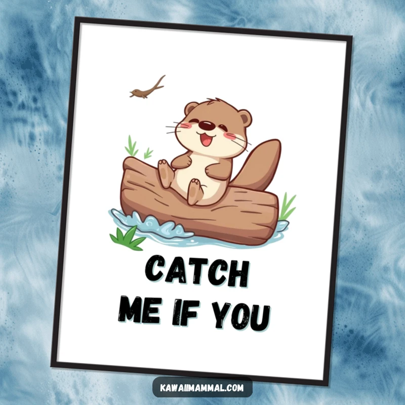 Funny otter character joyfully sliding down a giant river log, as a digital art print for instant decor.