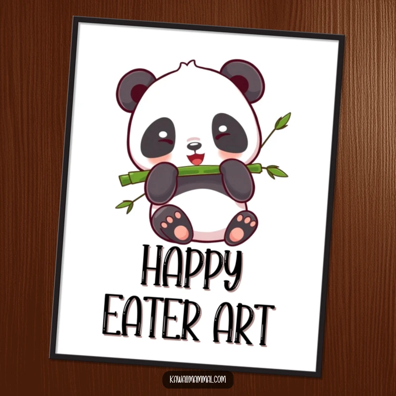 Funny Panda Digital Art: High-resolution kawaii panda happily eating bamboo, perfect for printable decor.