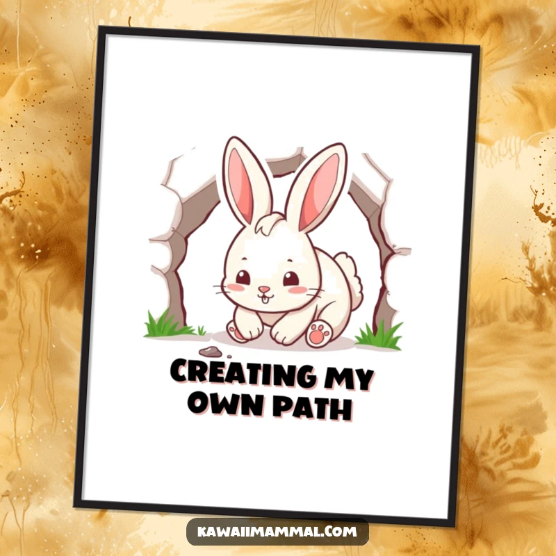 Funny rabbit character energetically digging a tunnel with paws, presented as a humorous digital art print.