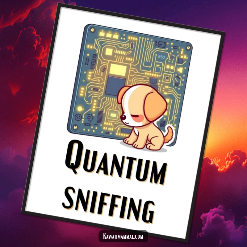 Funny digital art print of a curious puppy character sniffing a large, glowing computer circuit board, perfect for tech-themed decor.