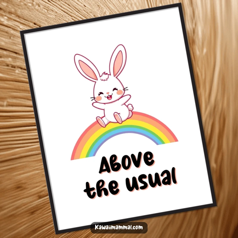 Funny Digital Art: A joyful rabbit with long, floppy ears enthusiastically hops over a rainbow, capturing a moment of pure bliss.