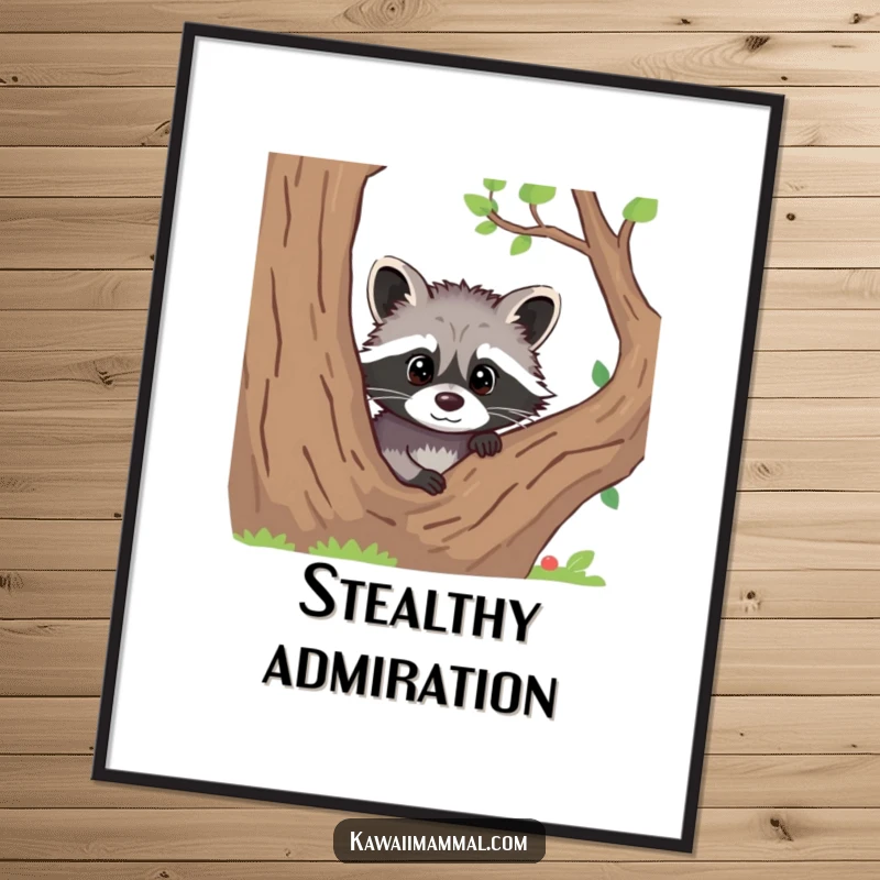 Funny digital art print of a curious raccoon peeking from behind a tree, adding a mysterious touch.