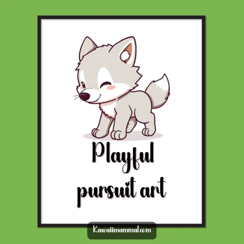 Funny Wolf Pup Digital Art: Kawaii Tail Chase Print, Instant Playful Gift Download