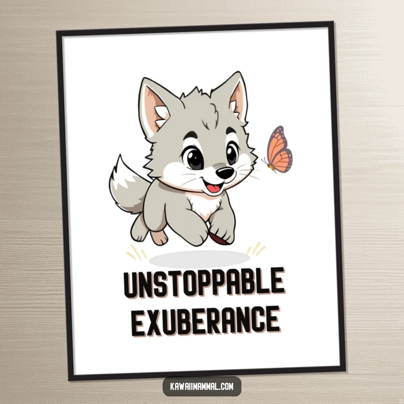 Funny digital art print of an energetic wolf puppy in playful pursuit of a fluttering butterfly.