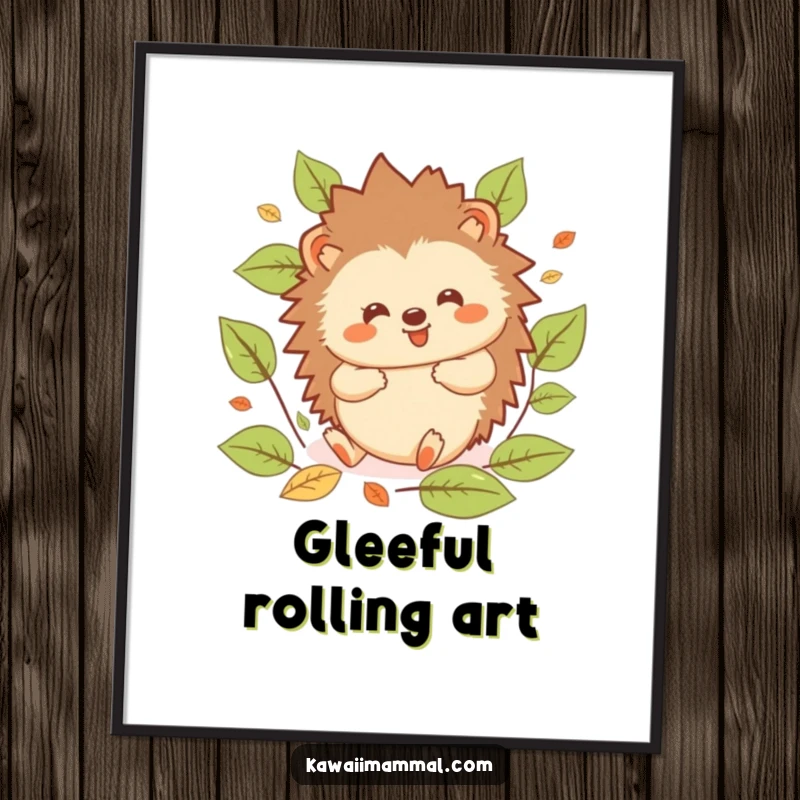 Funny Hedgehog Digital Art: High-resolution kawaii hedgehog rolling joyfully through illustrated leaves, perfect for printable decor.