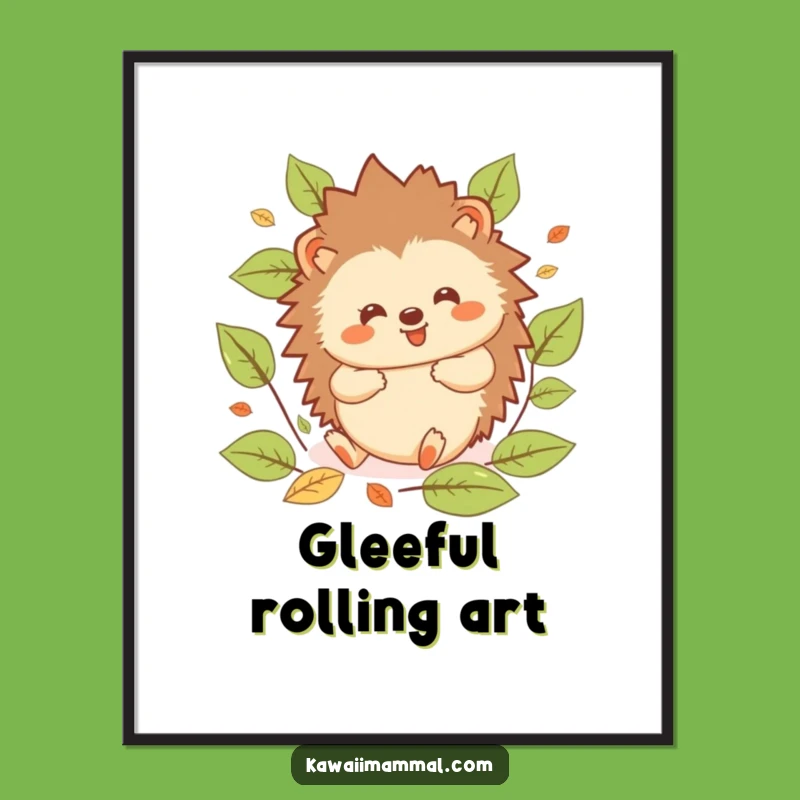 Funny Hedgehog Digital Art: Kawaii Rolling Character, Leafy Print, Instant Funny Gift Download