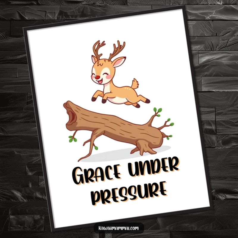 Funny deer character in a graceful leap over a fallen branch, presented as a humorous digital art print.