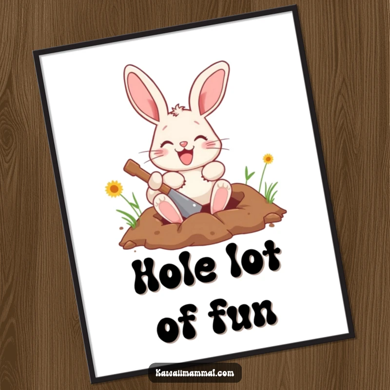 Funny bunny digital art print of a happy character digging a hole, bringing energetic and playful vibes digitally.