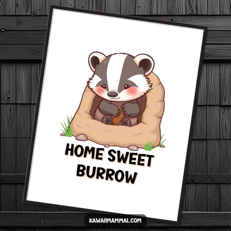 Funny digital art print of a determined badger character diligently building a cozy and comfortable burrow.