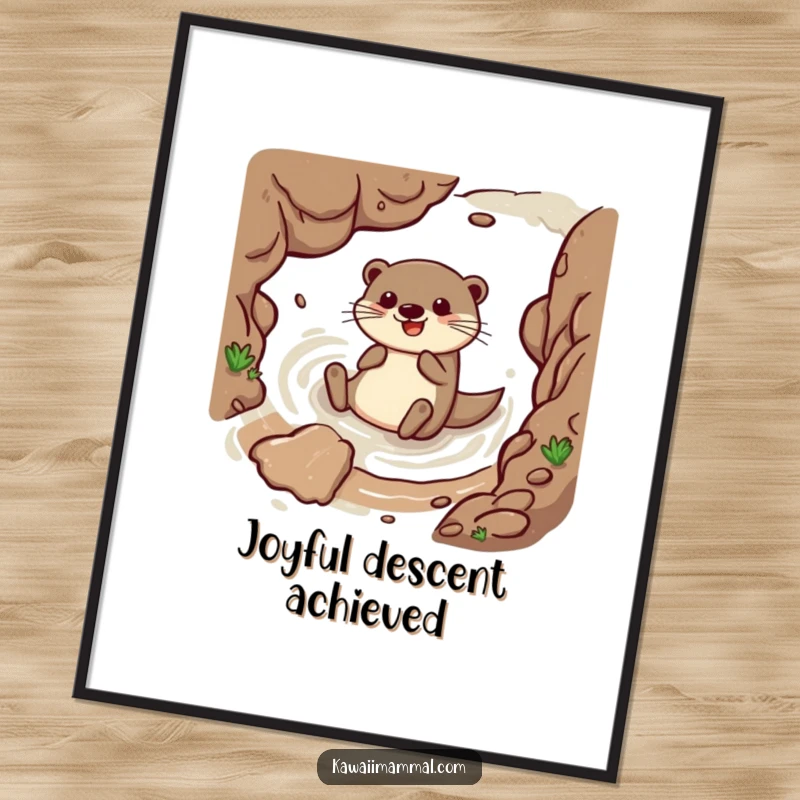 Funny digital art print of a happy otter character sliding with abandon down a muddy embankment, capturing pure aquatic joy and humorous fun.