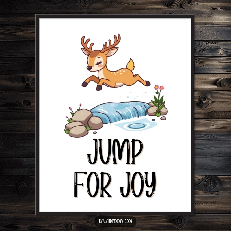 Funny determined deer digital art print, capturing its determined leap over a sparkling stream, ready to download and enjoy.