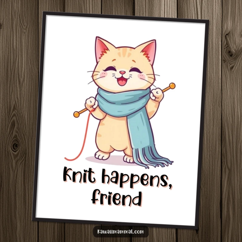 Funny digital art print of a Kawaii cat hilariously knitting a giant scarf while balancing on one paw, perfect for instant cute decor.
