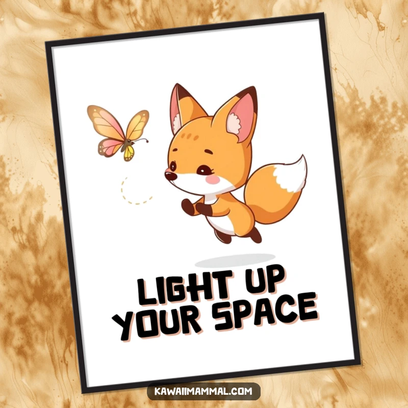 Funny fox digital art print of a curious character playfully chasing a luminous butterfly, capturing whimsical pursuit and enchanting light.