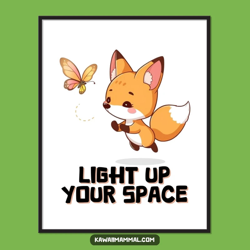 Funny Curious Fox Digital Art: Butterfly Chase Print for Playful Decor