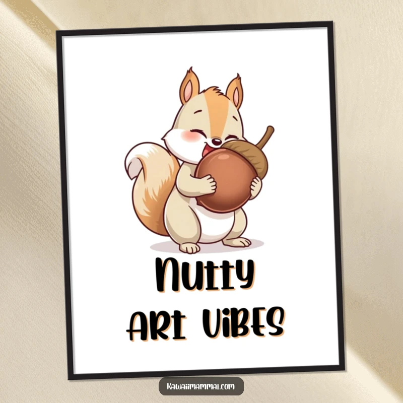 Funny Squirrel Digital Art Print of a giggling squirrel character collecting an impossibly large acorn, whimsical and humorous wall art for any room.