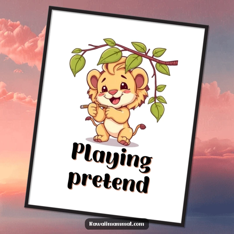 Funny lion cub digital art print, playfully batting at a dangling vine, ready to download and bring smiles.