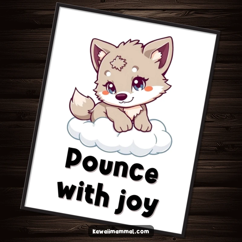Funny Wolf Cub Digital Art Print showing a playful cub with eager eyes, cautiously pouncing on a fluffy cloud, inspiring dreams and lightheartedness.