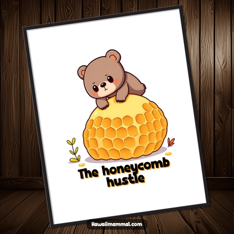 Funny digital art print of a determined bear balancing on a giant honeycomb, symbolizing effort and humor.
