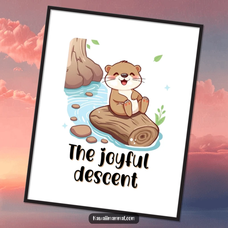 Funny digital art print of a playful otter joyfully sliding down a giant river log, capturing pure fun.
