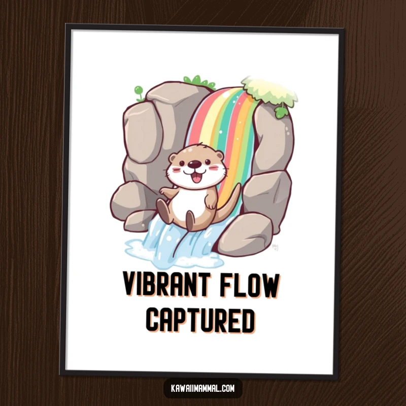 Funny otter digital art print of a playful character joyfully sliding down a rainbow waterfall, radiating vibrant happiness and playful spirit.