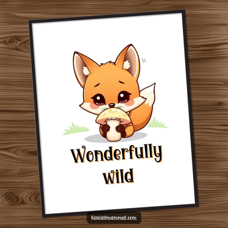 Funny fox character curiously sniffing a bright mushroom, presented as a humorous digital art print.