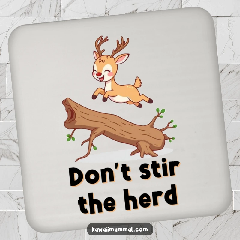Funny deer character, gracefully leaping over a branch, featured on a humorous drink coaster.