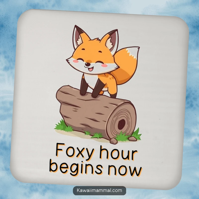 Funny fox coaster featuring a happy character leaping over a log, protecting surfaces with a touch of humor.