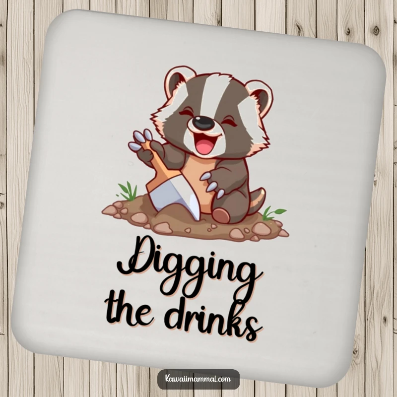 Funny Badger Coaster featuring a delighted badger character happily digging with oversized claws, a rustic and protective accessory for any table.