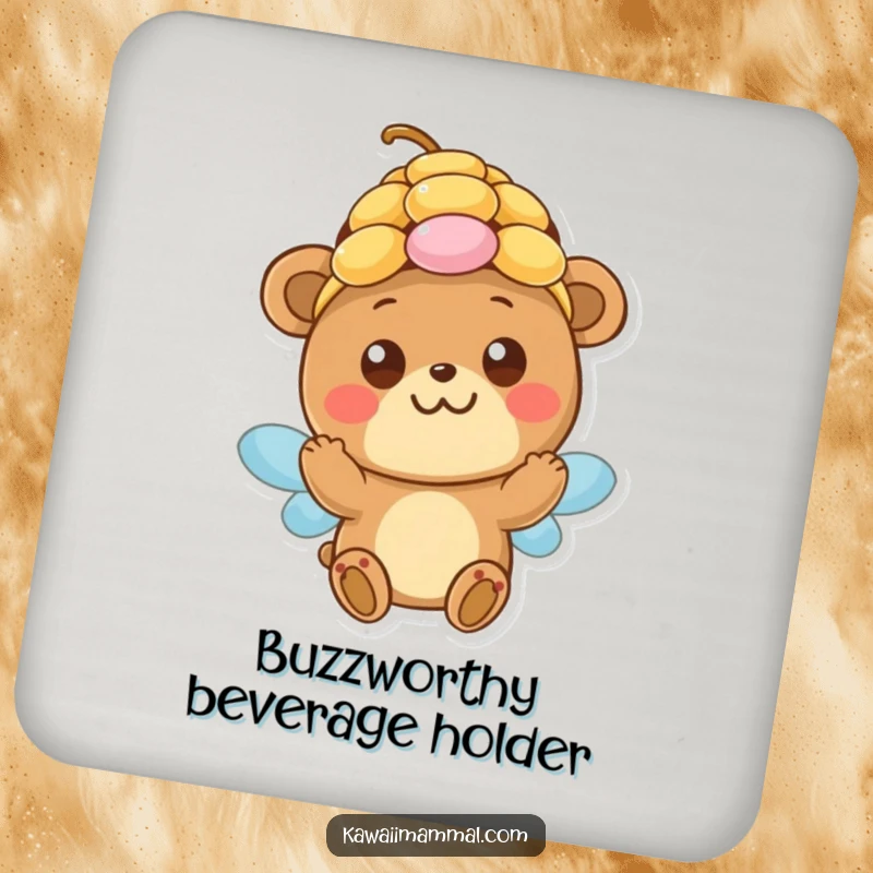 Funny Coaster: A happy bear with innocent eyes playfully attempts to wear a beehive, protecting surfaces with adorable humor.