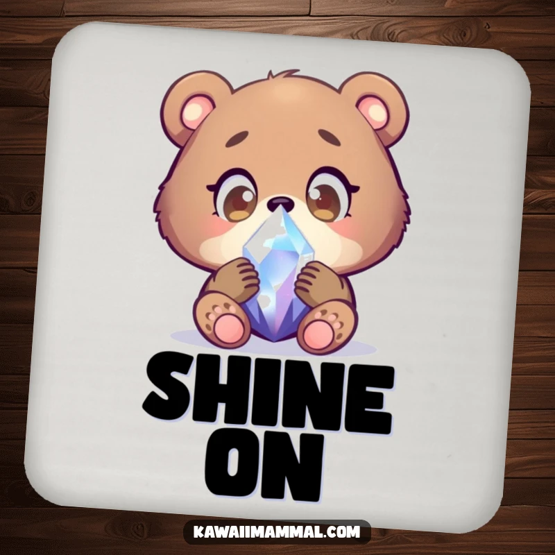 Funny bear cub coasters featuring a focused character examining a shimmering crystal with wide, wondering eyes, protecting surfaces with gentle wonder.
