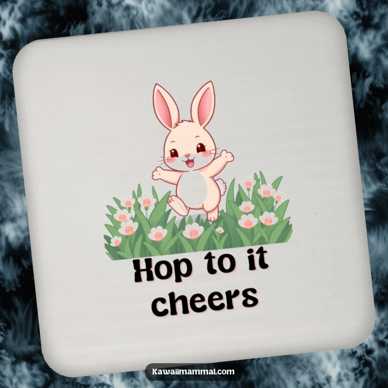 Funny drink coaster with a cute bunny hopping through clover, protecting surfaces with a touch of woodland charm.