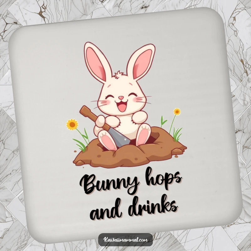 Funny bunny coaster featuring a happy character digging a hole, protecting surfaces with a touch of humor.