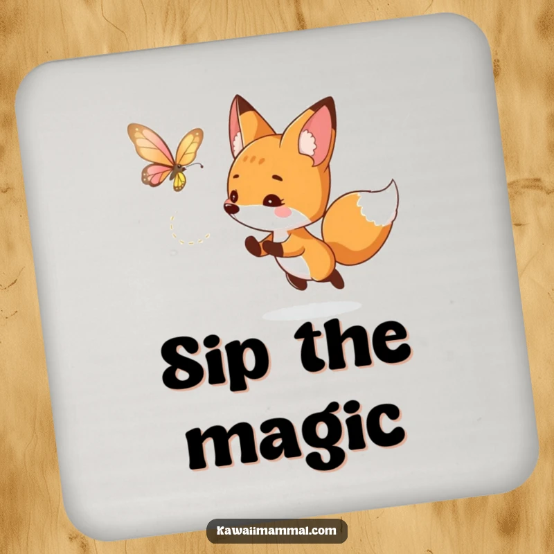 Funny fox coasters featuring a curious character playfully chasing a luminous butterfly, protecting surfaces with playful charm and humor.