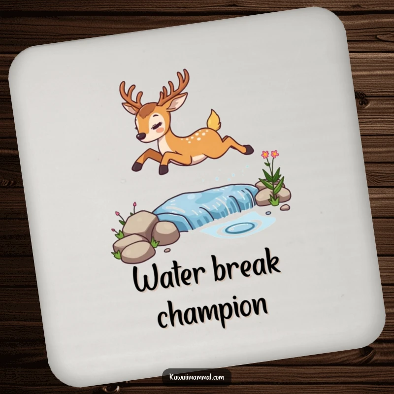 Funny determined deer coasters, illustrating its determined stream leap, protecting surfaces with humor and style.