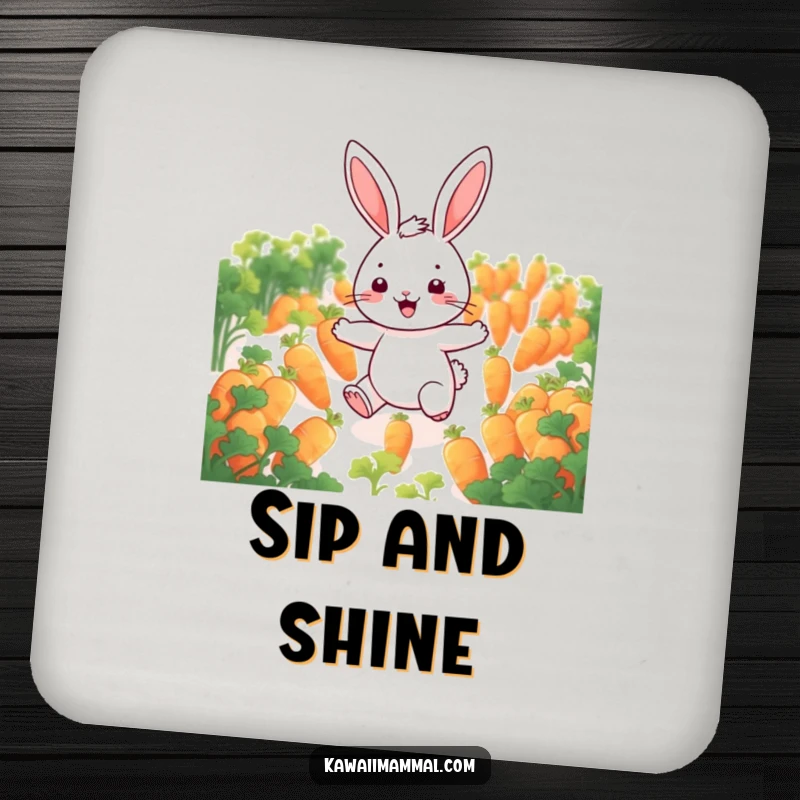 Funny rabbit coasters featuring a cheerful character hopping through glowing carrots, protecting surfaces with whimsical charm and humor.