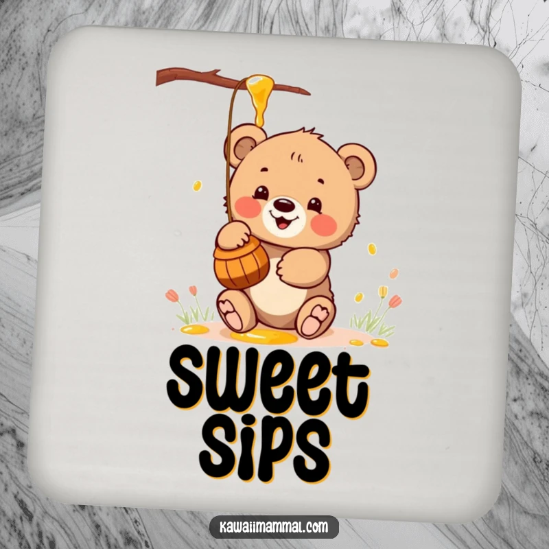 Funny drink coasters featuring a kawaii bear cub enthusiastically batting at a honey pot, adding sweet, humorous flair.