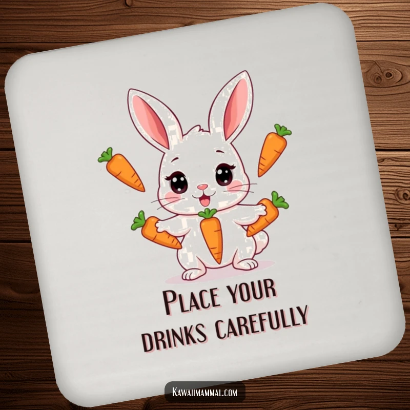 Funny coaster featuring a Kawaii rabbit attempting to juggle three carrots, offering humorous protection for surfaces with a playful rabbit design.