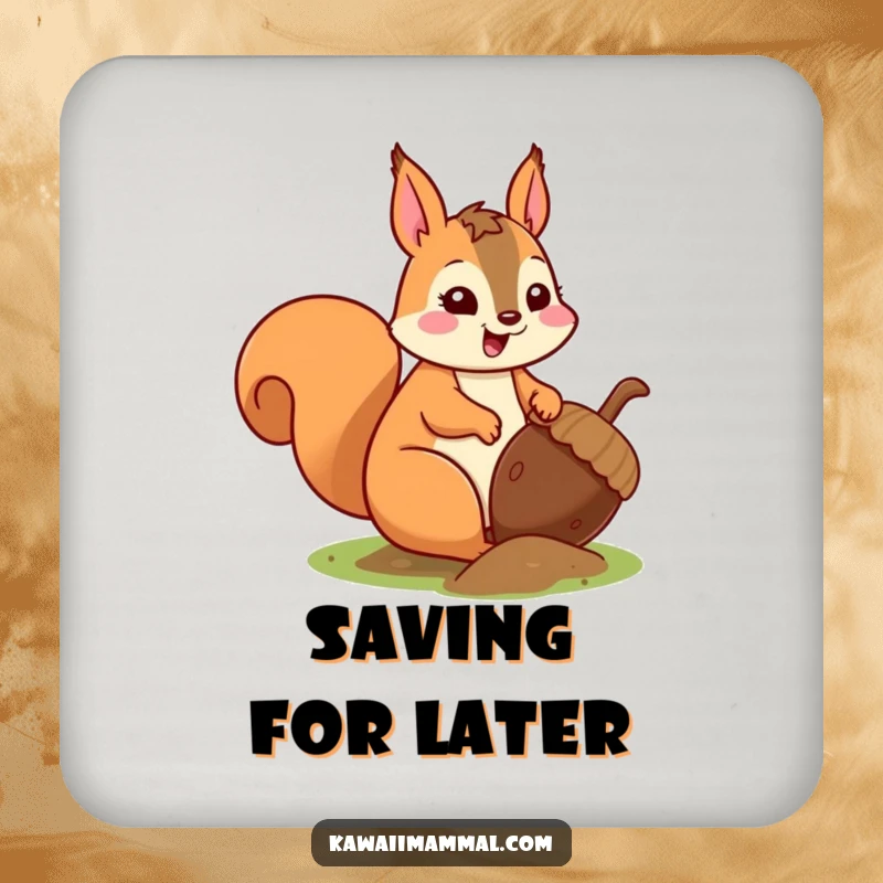 Funny kawaii squirrel energetically burying a massive acorn, on protective drink coasters, adding cute charm.