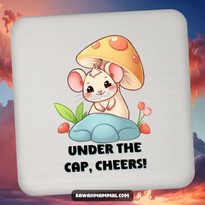 Funny drink coaster with a giggling mouse peeking from behind a mushroom, providing surface protection with whimsical humor.