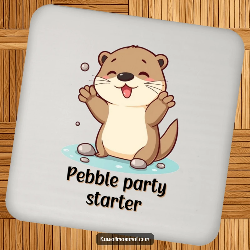 Funny Otter Coaster: A whimsical otter juggles shiny pebbles, bringing a touch of playful artistry and humor to protect your surfaces.