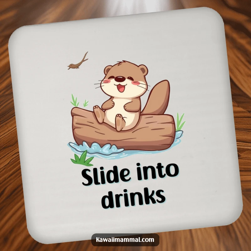 Funny otter sliding down a giant river log, designed on drink coasters for a playful, humorous touch.
