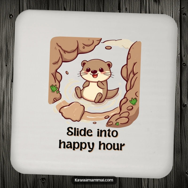 Funny coasters featuring a happy otter sliding down a muddy embankment, adding humorous aquatic protection to tabletops.