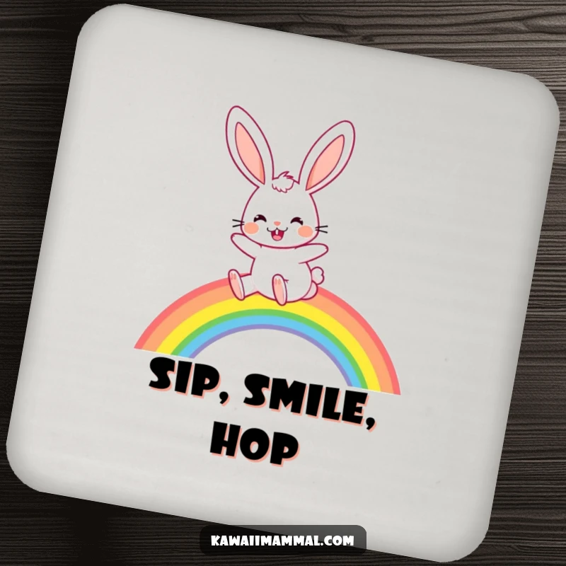 Funny Coaster: A joyful rabbit with long, floppy ears enthusiastically hops over a rainbow, guarding your table with cheerful charm.