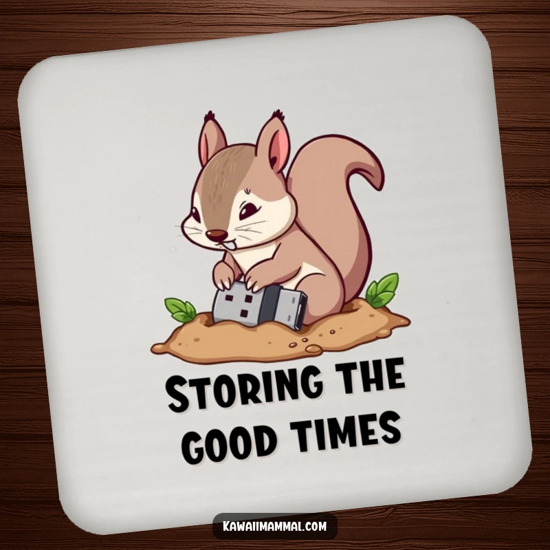 Funny drink coaster with a determined squirrel character burying a USB drive, illustrating secure storage for beverages.